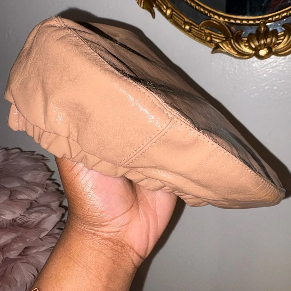 Nude Leather Beret Cap Soft Neutral Chic Statement Hat - Picture 3 of 4